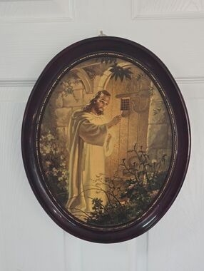 Vintage Jesus Knocking At Door Sallman Oval Picture Hanging Frame